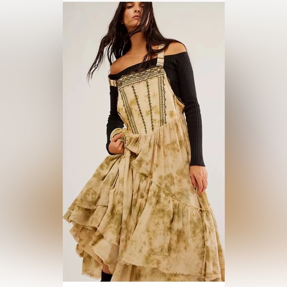 Free People Dresses & Skirts - Free People Maxi Skirtall Dress Embroidered Tiered Tie Dye Frayed Olive Tan